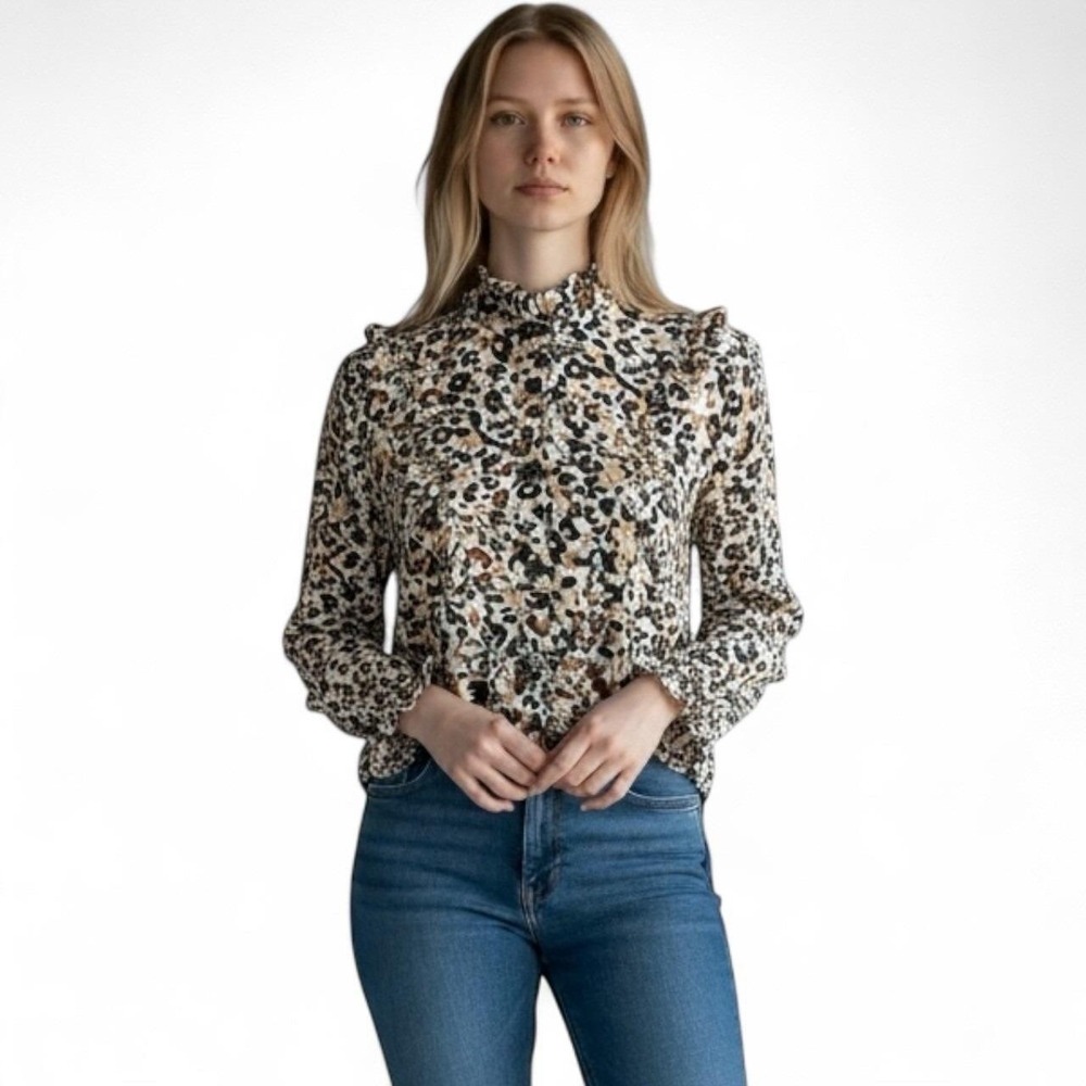 Anthropologie MaEve Katia Leopard Print Ruffled Mocked Neck Button Up Blouse 2P